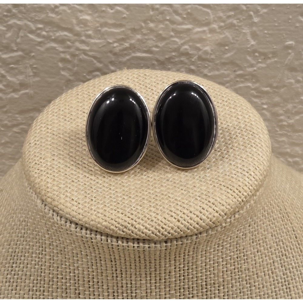 Vintage Domed Black Onyx Sterling Silver Clip-On‎ Earrings ATI 925